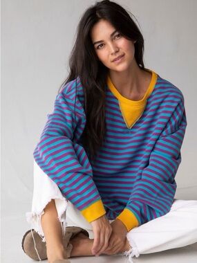 Natural Life Striped Blue and Purple Sweater with Mustard Trim